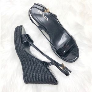 Prada Patient Leather Espadrille Wedges Sandals - image 1